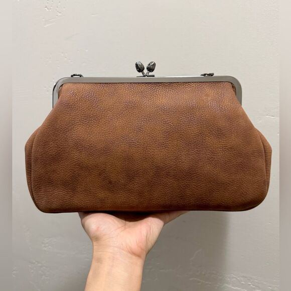 Brown Nubuck Cowhide Handmade “Tulip” Shaped Kisslock Handbag & 2 Strap Styles - Picture 3 of 15